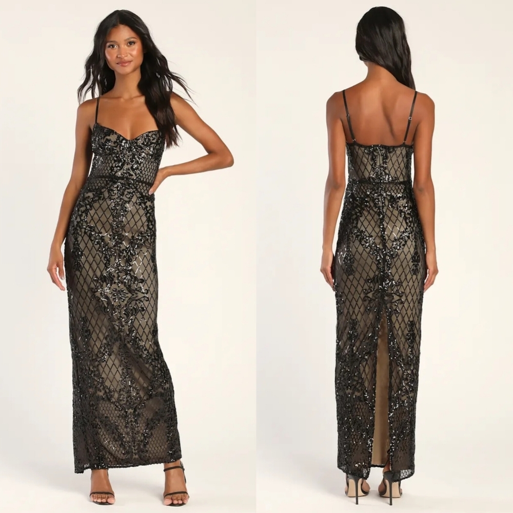Lulus Moonlit Love Black Sequin Sleeveless Maxi Dress XXL Wedding Party Prom